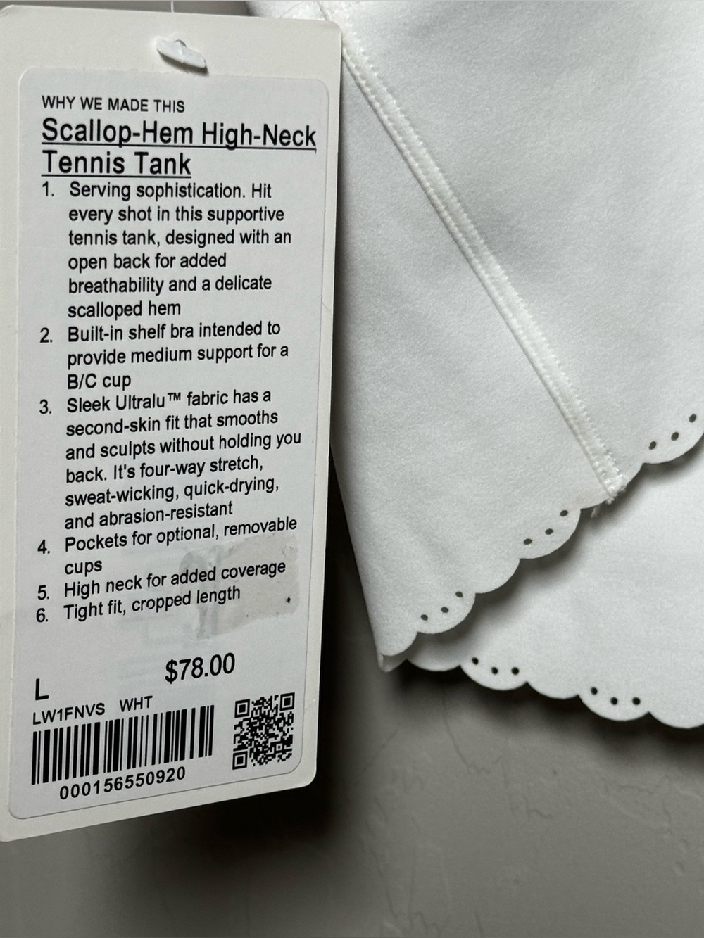 Lululemon Scallop-Hem High-Neck Tennis Tank Top *Medium Support, B/C Cup
White - Picture 9 of 11